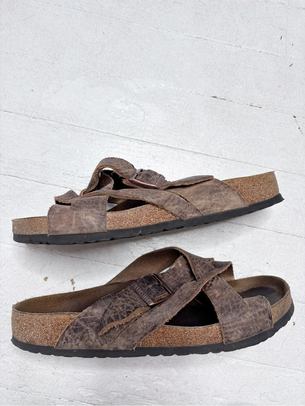 Birkenstock Lugano Rustic Oiled Leather Criss Cross Sandals Brown Size 45 Reg